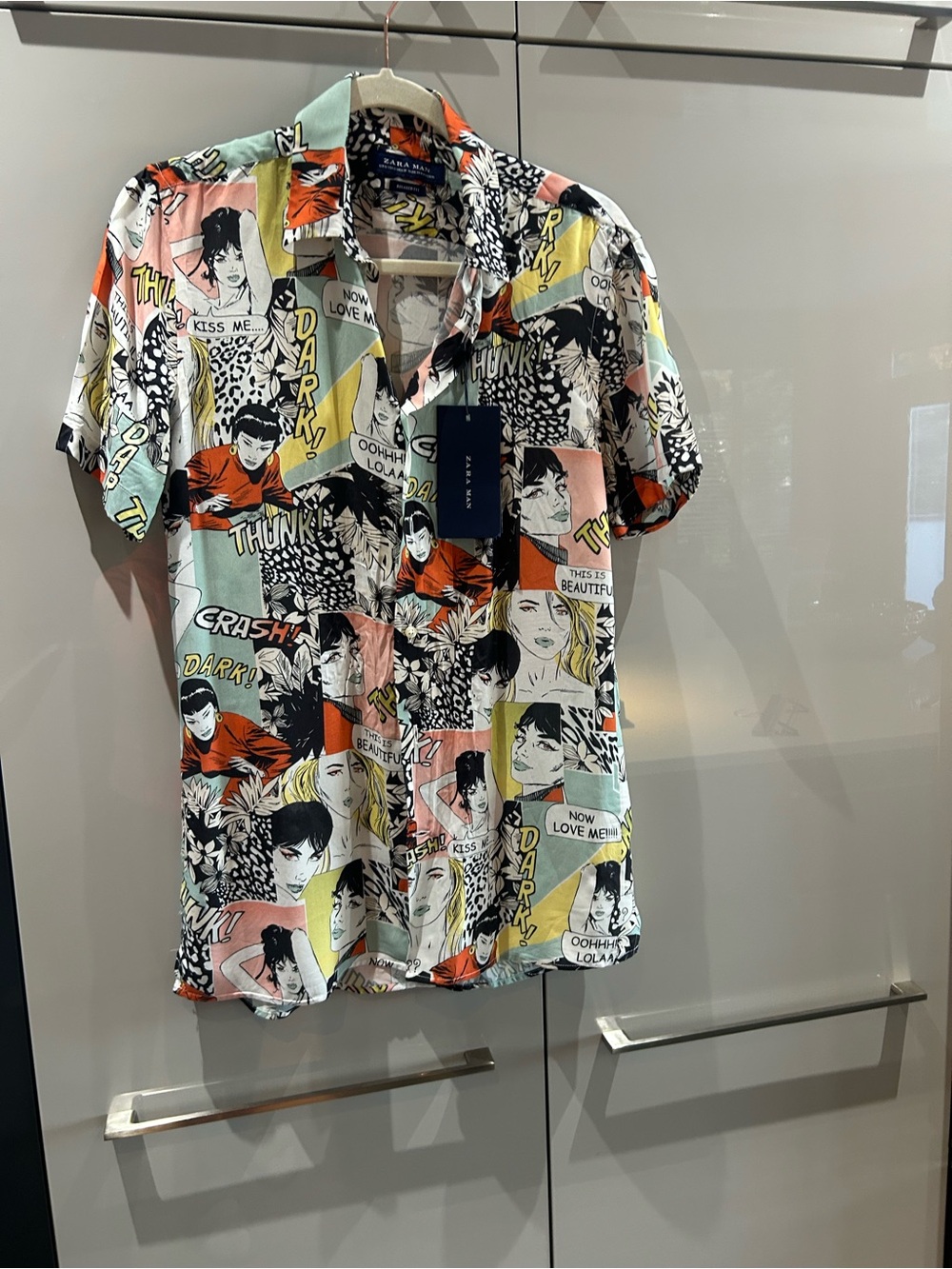Zara Multicolor Comic-Print Short Sleeve Button-Down Shirt S